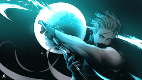 Anime Warrior Neon Blue Sword Slash 4K Desktop Wallpaper
