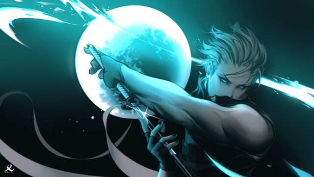 Anime Warrior Neon Blue Sword Slash 4K Desktop Wallpaper