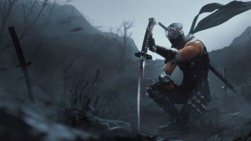 Kneeling Warrior with Katana Dark Fantasy Desktop Wallpaper
