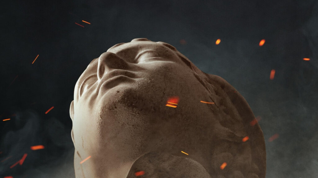Classical Marble Bust with Glowing Embers Desktop Wallpaper