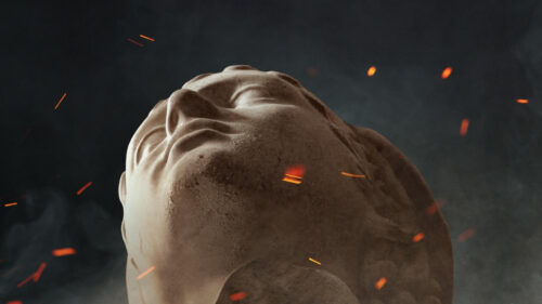 Classical Marble Bust with Glowing Embers Desktop Wallpaper