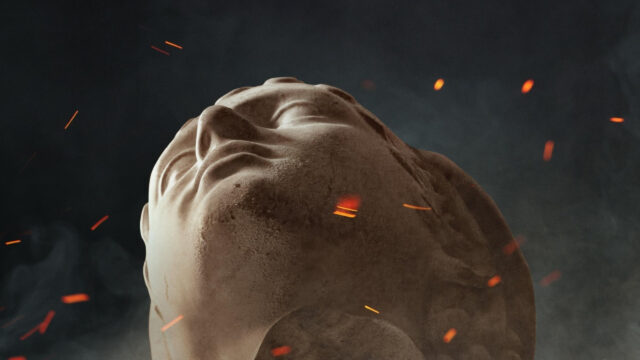 Classical Marble Bust with Glowing Embers Desktop Wallpaper
