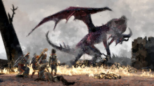 Group of Warriors Facing a Massive Dragon Desktop Wallpaper