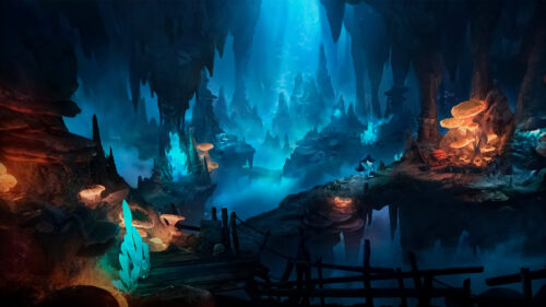 Bioluminescent Underground Cavern PC Wallpaper