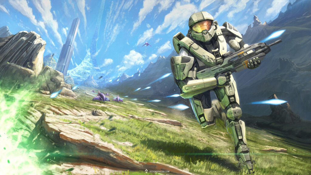 Master Chief Running on Halo Installation Desktop Wallpaper