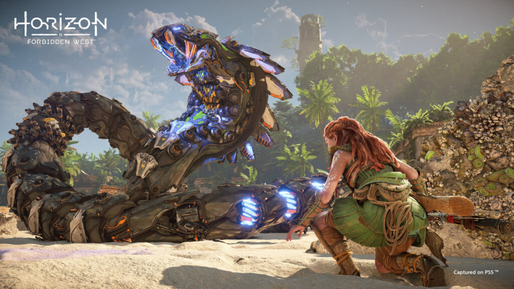 Horizon Forbidden West Aloy Encountering a Machine Desktop Wallpaper