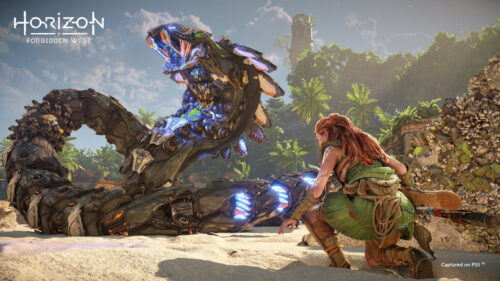 Horizon Forbidden West Aloy Encountering a Machine Desktop Wallpaper