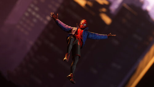 Spider-Man Miles Morales Leaping Through City Air Desktop Wallpaper