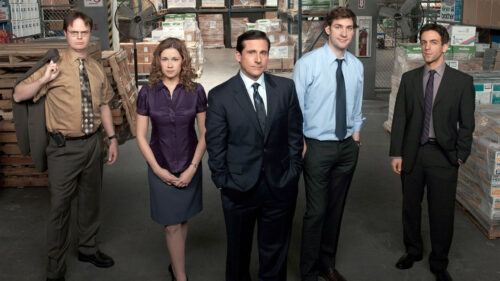 The Office Cast Standing in Warehouse Desktop Wallpaper