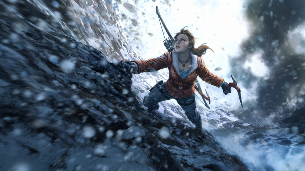 Lara Croft Climbing Snowy Mountains 4K Wallpaper