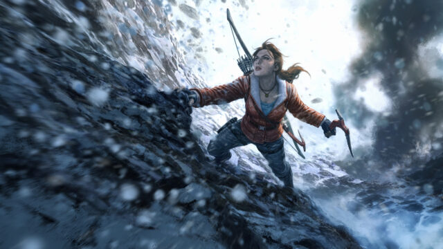 Lara Croft Climbing Snowy Mountains 4K Wallpaper