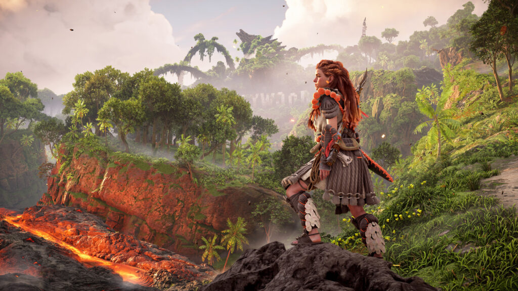 Aloy Looking at Hollywood Sign Horizon Forbidden West Desktop Wallpaper