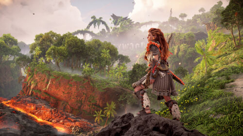 Aloy Looking at Hollywood Sign Horizon Forbidden West Desktop Wallpaper