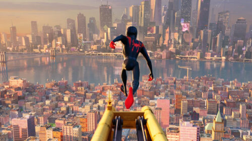 Miles Morales Leap Over New York City Skyline Desktop Wallpaper