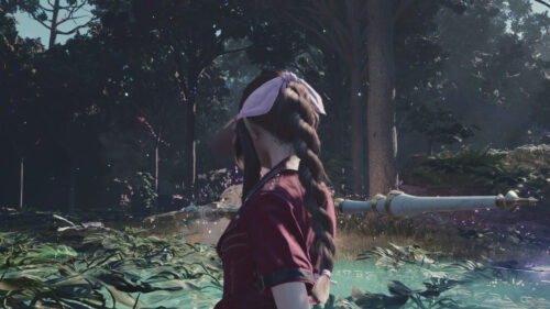 Aerith Gainsborough Standing in a Lush Forest Desktop Wallpaper