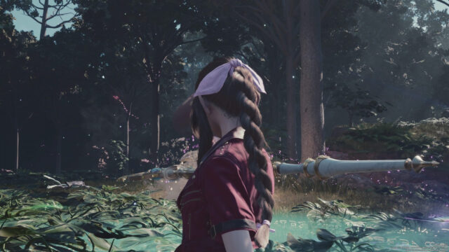 Aerith Gainsborough Standing in a Lush Forest Desktop Wallpaper