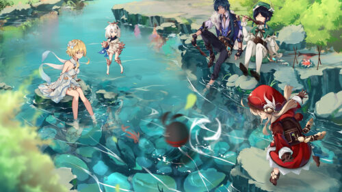 Anime Friends Picnic by the River 4K Desktop Wallpaper
