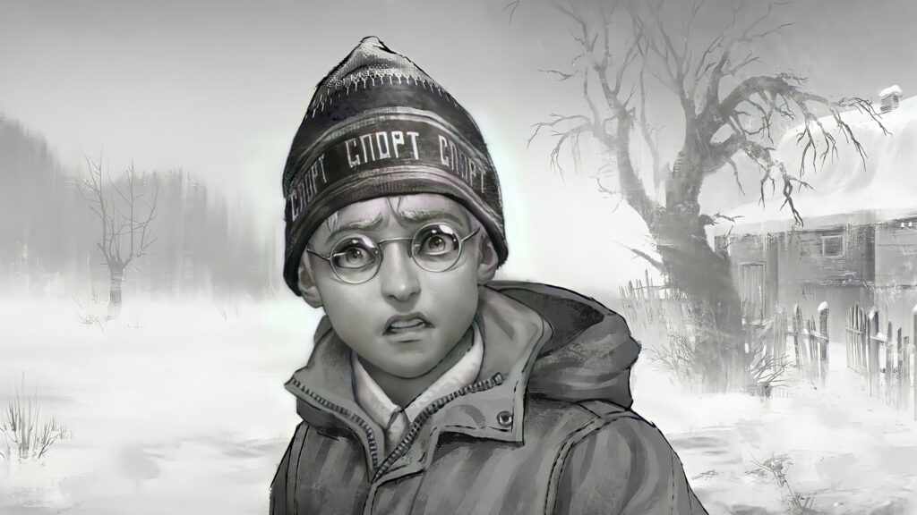 Scared Boy in Snowy Winter Forest PC Wallpaper