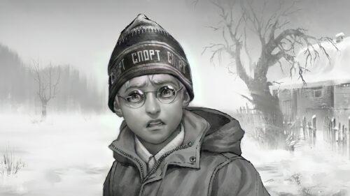 Scared Boy in Snowy Winter Forest PC Wallpaper