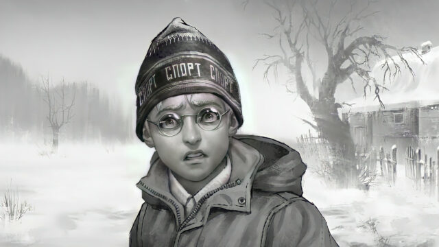 Scared Boy in Snowy Winter Forest PC Wallpaper