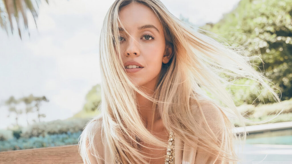 Blonde Woman with Flowing Hair Outdoor Portrait Desktop Wallpaper