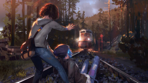 Max and Chloe Facing the Train Desktop Wallpaper