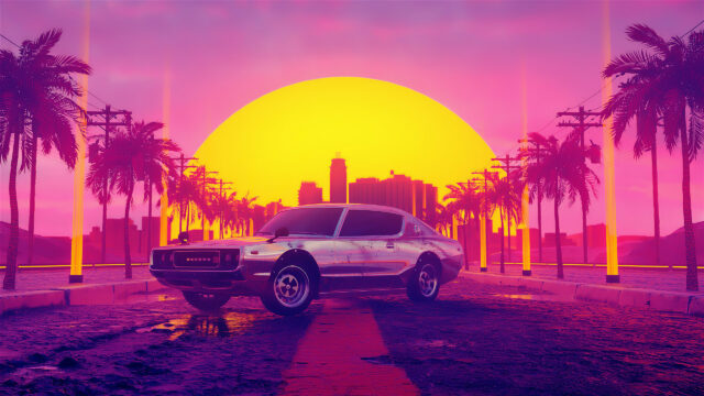 Retro Synthwave Datsun Car 4K Wallpaper