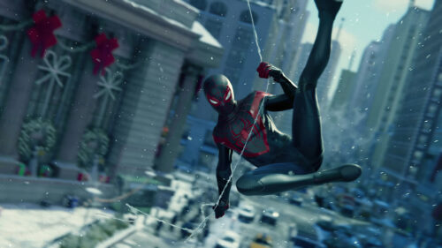 Miles Morales Swinging Through New York City Desktop Wallpaper