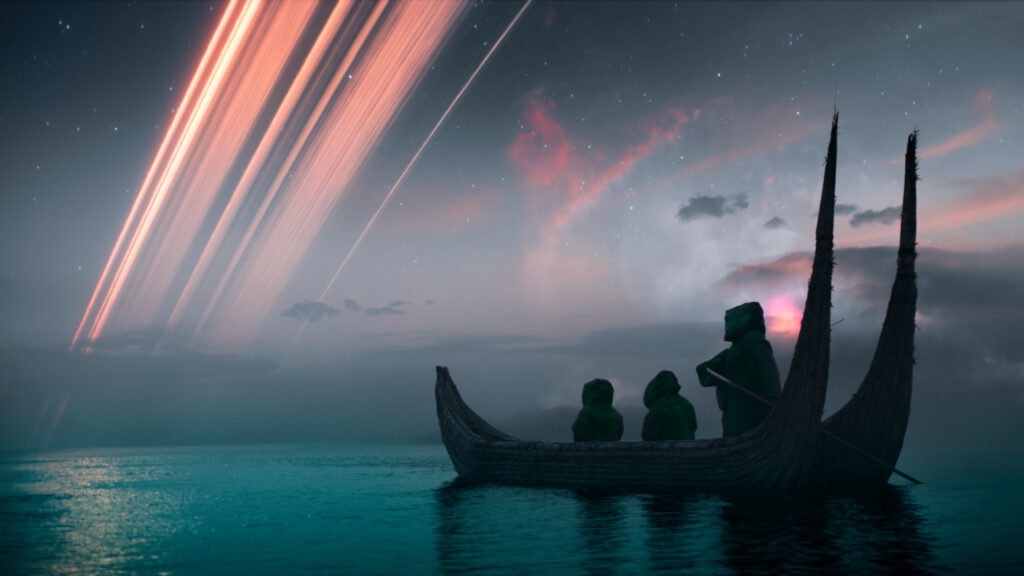Mystical Figures in a Reed Boat Under Planetary Rings Desktop Wallpaper