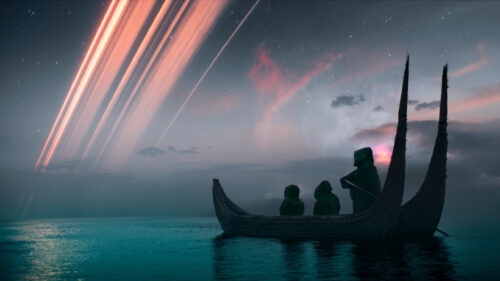 Mystical Figures in a Reed Boat Under Planetary Rings Desktop Wallpaper
