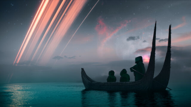 Mystical Figures in a Reed Boat Under Planetary Rings Desktop Wallpaper