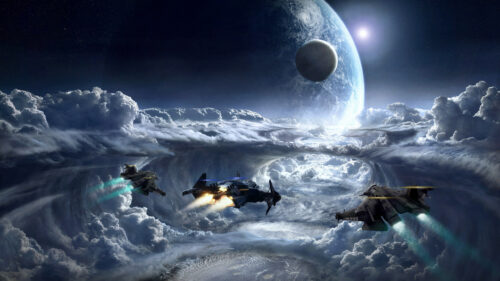 Sci-Fi Spaceships Flying Through Cloudy Planet Atmosphere Desktop Wallpaper