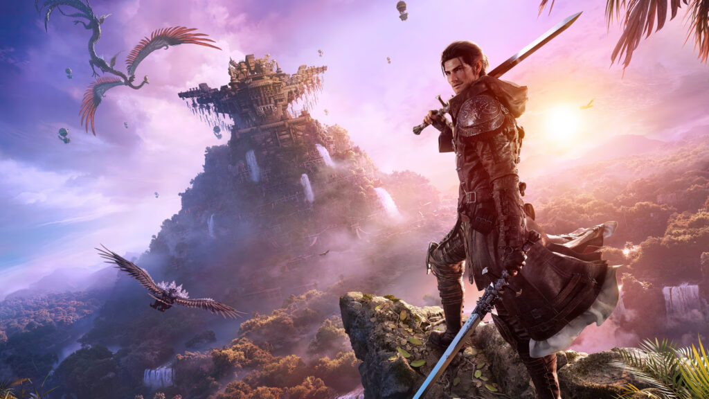 Fantasy Warrior and Ancient Sky Fortress Desktop Wallpaper