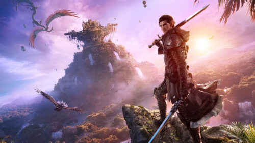 Fantasy Warrior and Ancient Sky Fortress Desktop Wallpaper