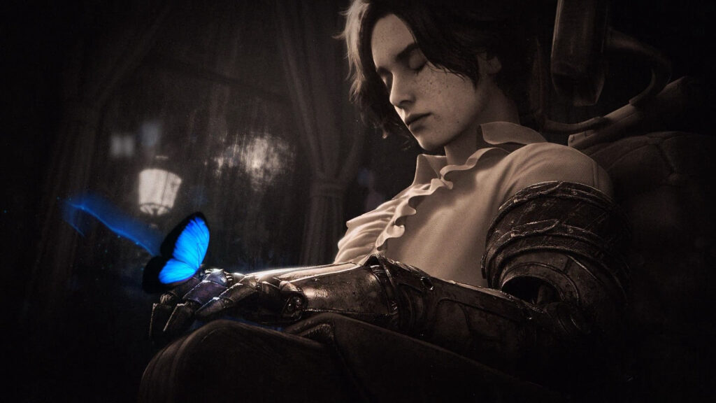Lies of P Character Resting with Blue Butterfly Desktop Wallpaper