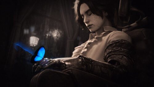 Lies of P Character Resting with Blue Butterfly Desktop Wallpaper