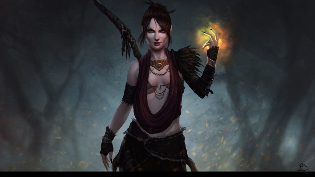 Dark Fantasy Sorceress with Magic Spark Desktop Wallpaper