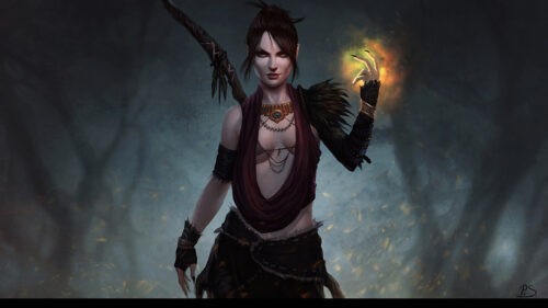 Dark Fantasy Sorceress with Magic Spark Desktop Wallpaper