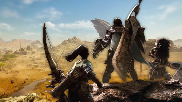Monster Hunter Wilds Adventurers Looking Over Desert Desktop Wallpaper