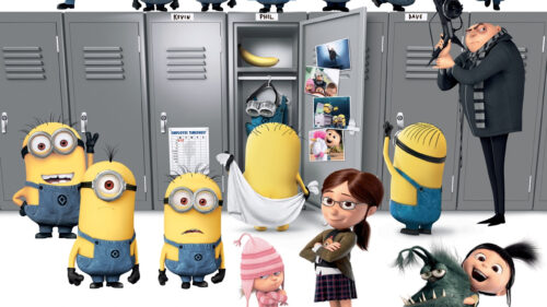 Despicable Me Characters Standing In Front Of School Lockers Desktop Wallpaper