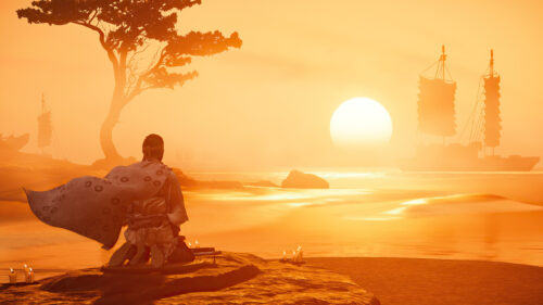 Samurai Meditating at Sunset on Beach Desktop Wallpaper