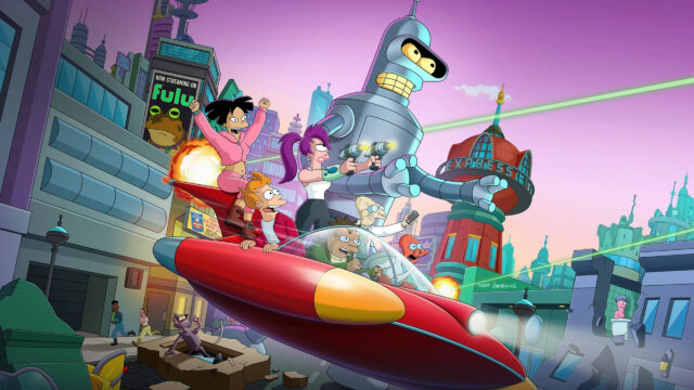 Futurama Cast in a Flying Red Ship Desktop Wallpaper