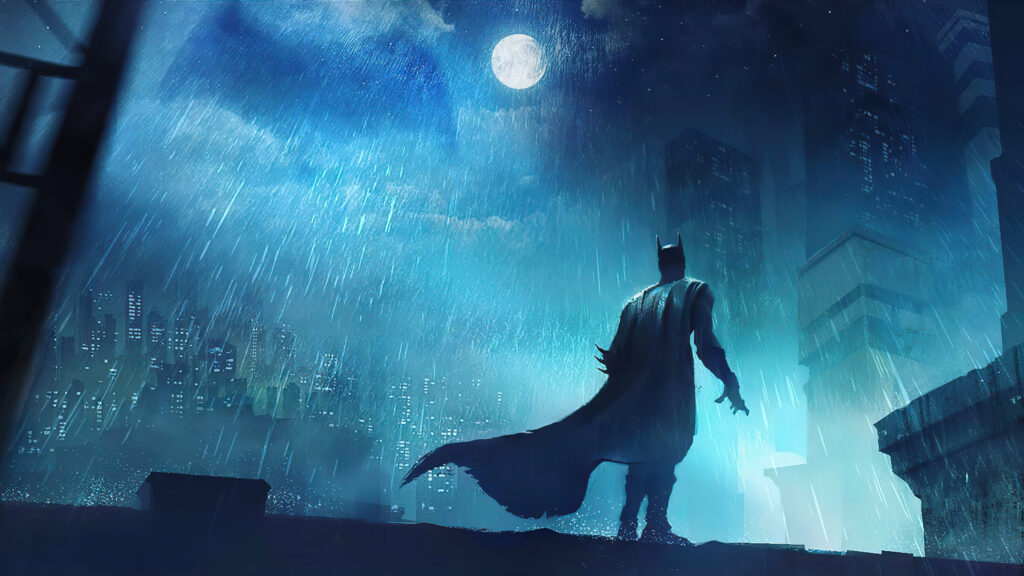 Batman Standing in the Rain Over Gotham City 4K Wallpaper