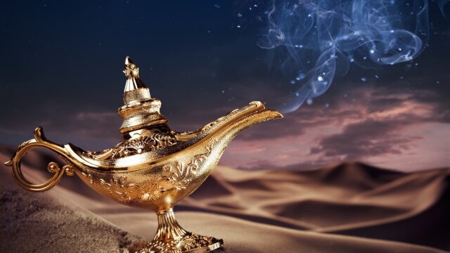 Golden Oil Lamp in Desert at Night Desktop Wallpaper