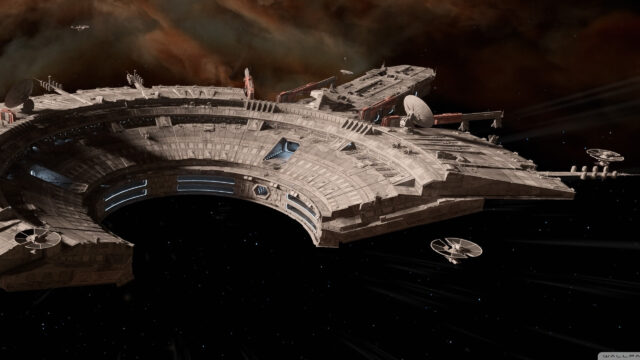 Sci-Fi Space Station and Starfighters Desktop Wallpaper