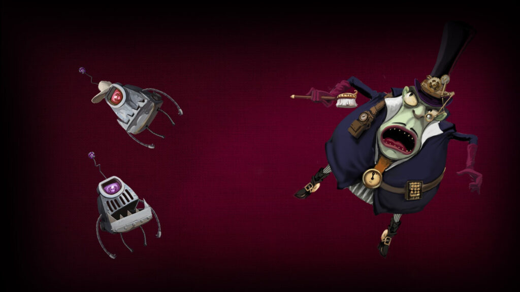 Steampunk Clockwork Character with Robotic Companions Desktop Wallpaper