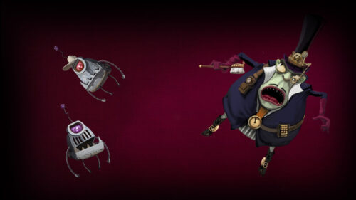 Steampunk Clockwork Character with Robotic Companions Desktop Wallpaper