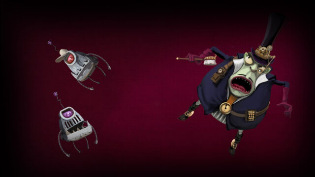 Steampunk Clockwork Character with Robotic Companions Desktop Wallpaper