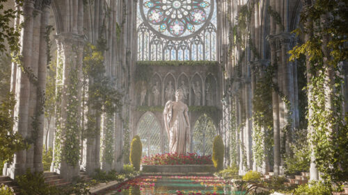 Gothic Ruin Statue Garden Desktop Wallpaper