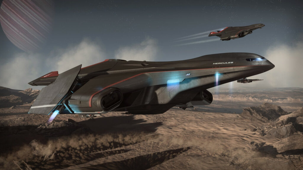 Hercules Starlifter Spacecraft Over Desert Planet Desktop Wallpaper